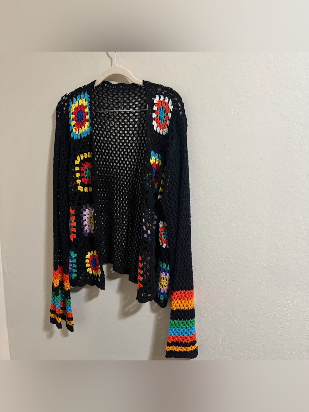 Open Crochet Black Cardigan Multicolor Knit Boho Festival Granny Square - Picture 2 of 7